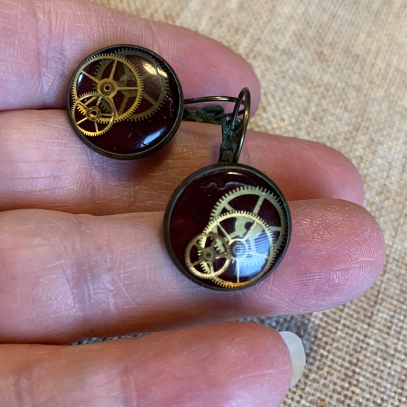 Steampunk Earrings Gears French Levers Handmade - Picture 3 of 5